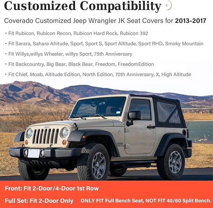 Coverado Seat Covers Full Set for Jeep Wrangler, Waterproof Car Seat Protector for Automotive Truck Seat Custions Custom Fit for 2013-2017 Jeep Wrangler JK Seat Covers for Cars 4 Door(Red Line)