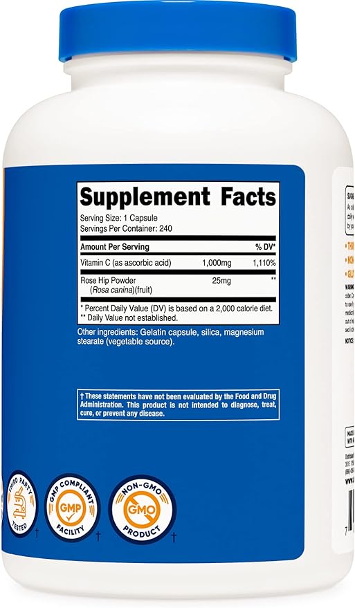 Nutricost Vitamin C with Rose HIPS 1025mg, 240 Capsules (2 Bottles) - Premium Non-GMO, Gluten Free Vitamin C Supplement