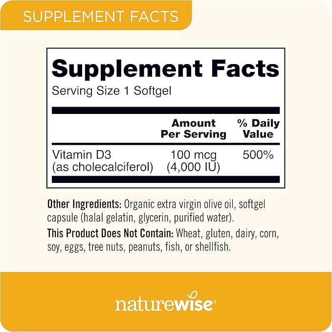 NatureWise Vitamin D3 4000iu (100 mcg) 90-Day Supply for Immune Support, Healthy Muscle Function, and Bone Health - Non-GMO, Gluten Free in Organic Extra Virgin Olive Oil, (Mini Softgel), 90 Count