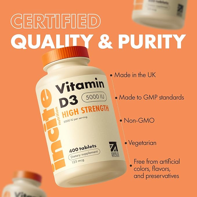 Incite Nutrition Vitamin D 5000 iu - 400 Premium Vitamin D3 Easy-Swallow Micro Tablets - High Strength Cholecalciferol VIT D3 5000iu - Vegetarian Supplement - Made in The UK