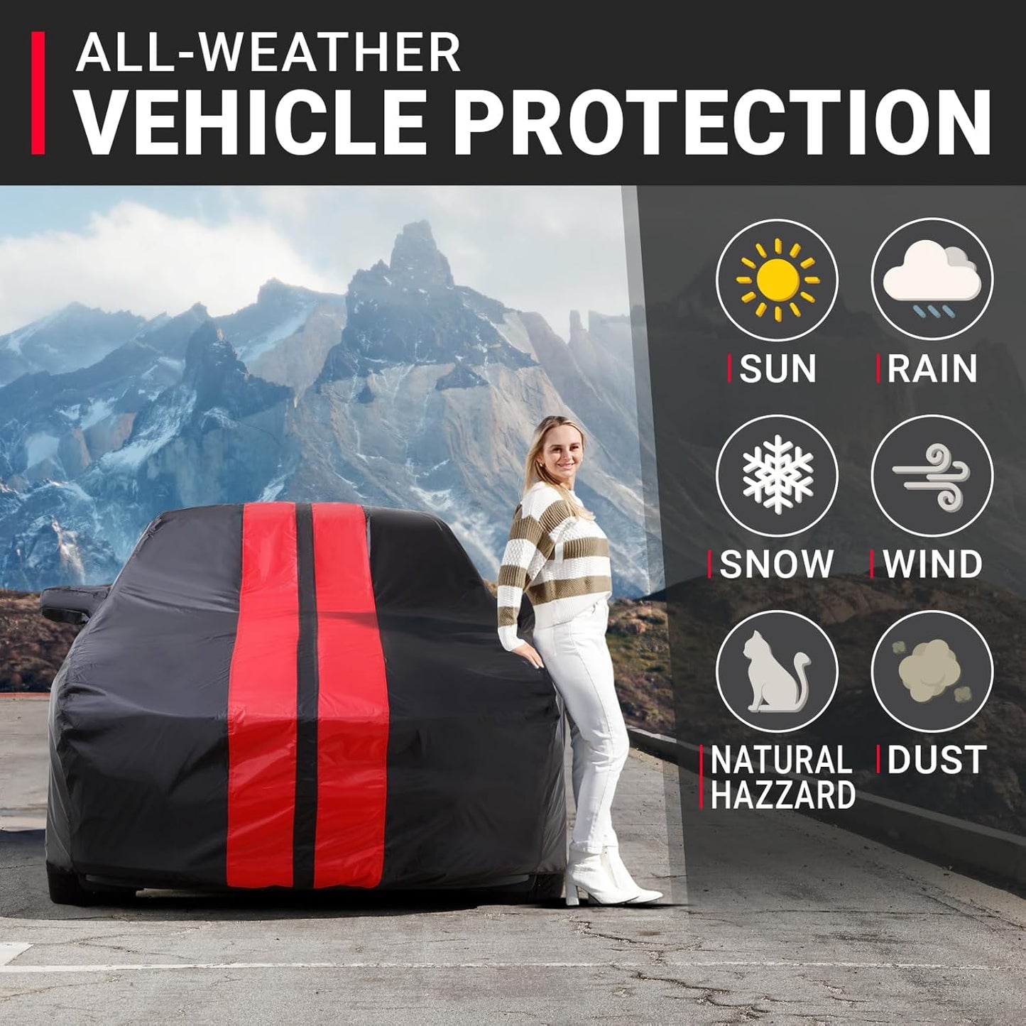 iCarCover Custom SUV Cover for Pontiac Trans AM (1991-1997) Waterproof All-Weather Rain Snow UV Sun Protector Full Exterior Indoor Outdoor Car Cover (Stripe - Black/Red)