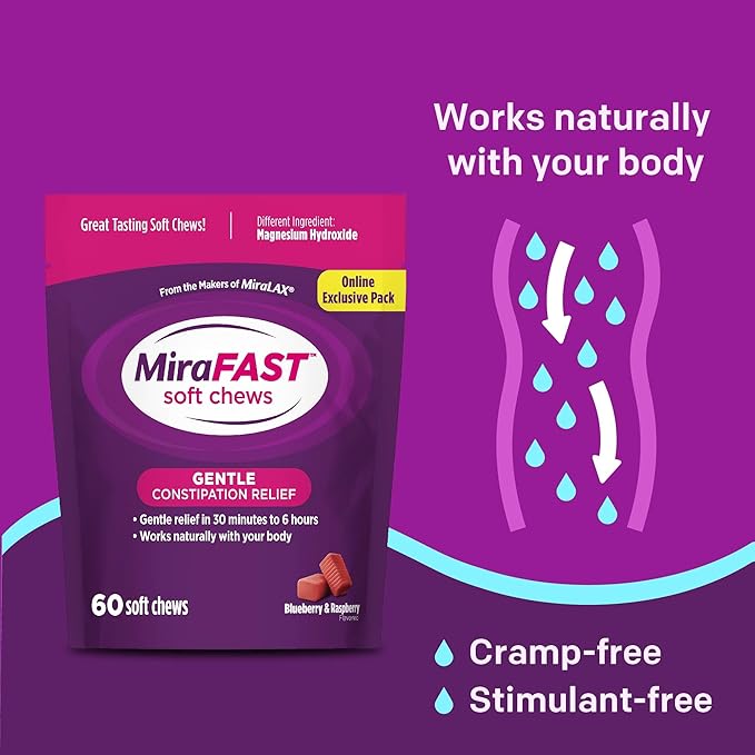 MiraFAST Soft Chews, from The Makers of MiraLAX, Gentle Constipation Relief in 30min-6hrs, Fast Acting Laxative, Stimulant Free Saline Laxative, Magnesium Hydroxide, Mixed Berry Flavor, 60ct