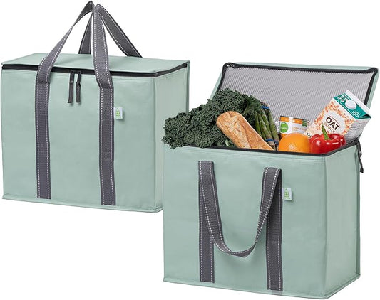 VENO 2 Pack Cooler Bag and Insulated Grocery Bags for Food Delivery, Collapsible Cooler. Reusable Shopping Bags for Groceries with Hard Bottom, Zippered, Foldable, Heavy-Duty (Light Green, 2 Pack)