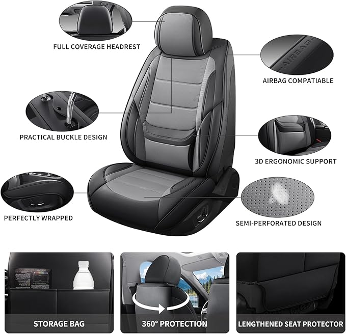 Car Seat Covers Full Set Custom Fit for Mercury Mountaineer 1997-2010,Premium Faux Leather with Lumbar Support, Breathable, Anti-Slip & Soft Touch(blackgray,Fullset)
