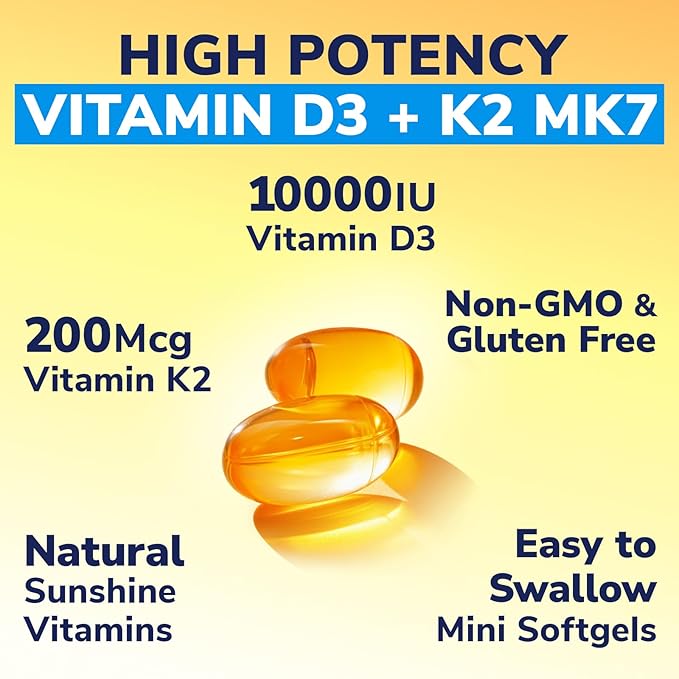 Vitamin D3 K2 Supplement, 10000 IU D3 / 200 mcg K2 MK7, Calcium Absorption, Bone, Heart, Immune & Muscle Support, Enhanced Absorption, No Soy, Easy to Swallow, 300 Softgels