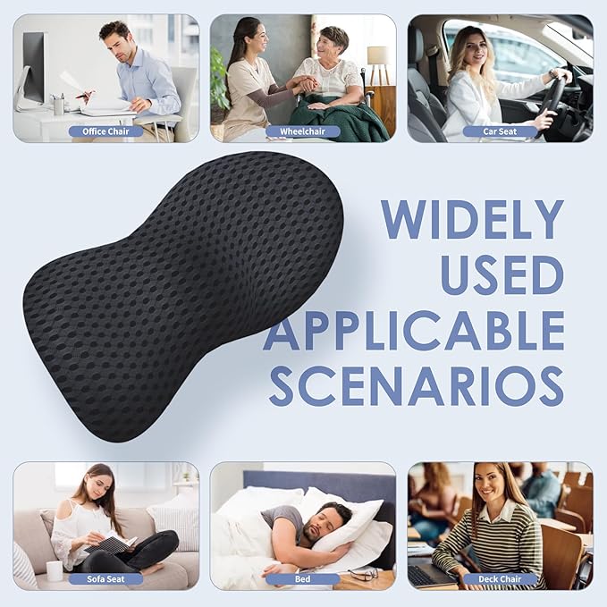 Lumbar Support Pillow, Back Pillow for Low Back Pain Relief, Ergonomic Streamline Car Seat, Office Chair, Recliner and Bed (Black)