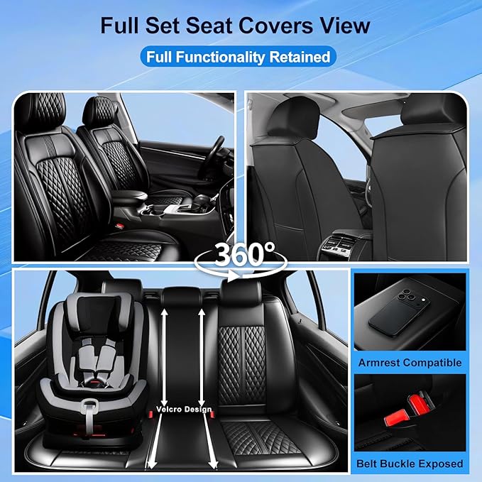 Fit CRV Car Seat Covers for Select Honda CR-V 2011-2026 - Premium Full Coverage Leather, Airbag Compatible, Waterproof & All Weather Breathable Seat Cushion Protector, Full Set, Black