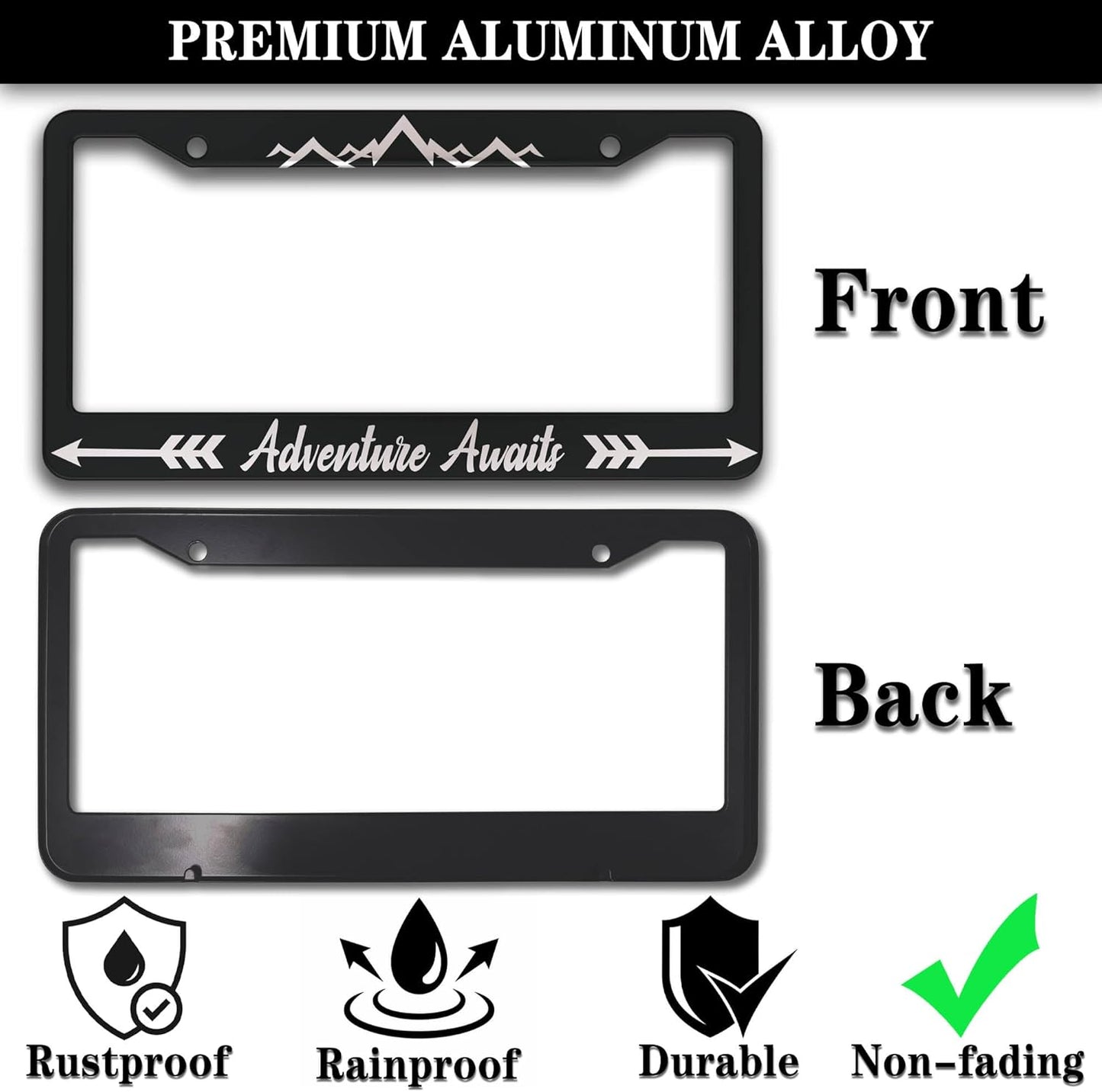 License Plate Frames Black and White Custom License Plate Frame Adventure Awaits Aluminum Metal Car Accessory 2 Pack with Screw Covers Set