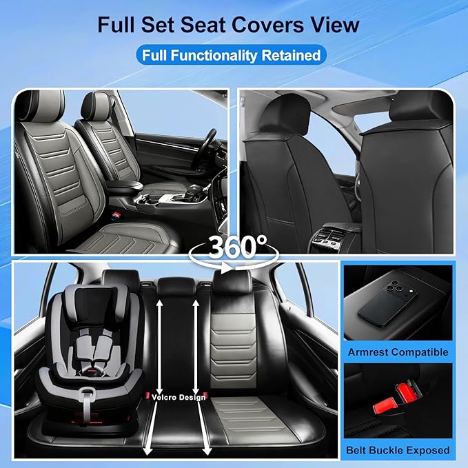 Fit RAV4 Car Seat Covers for Select Toyota RAV 4 2013-2026/RAV4 Hybrid - Premium Full Coverage Leather, Waterproof & All Weather Seat Cushion Protector, Front Pair Black+Gray