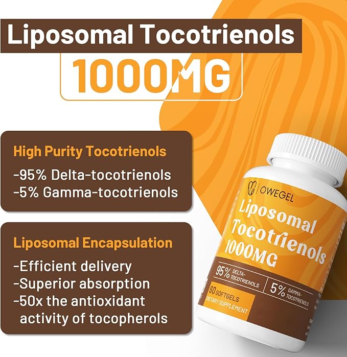 Liposomal Tocotrienols 1000mg - High Bioavailability Vitamin E Tocotrienols Supplements,95% Delta & 5% Gamma Tocotrienol Capsules Support Skin,Bone,Antioxidant,180 Softgels