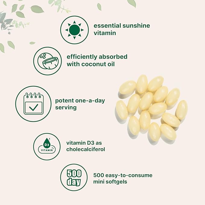 Vitamin D3 2,000 IU | 500 Softgels with Virgin Coconut Oil for Better Absorption | Vitamin D Supplement as Cholecalciferol | Supports Calcium Absorption, Bone, Immune, & Heart Health