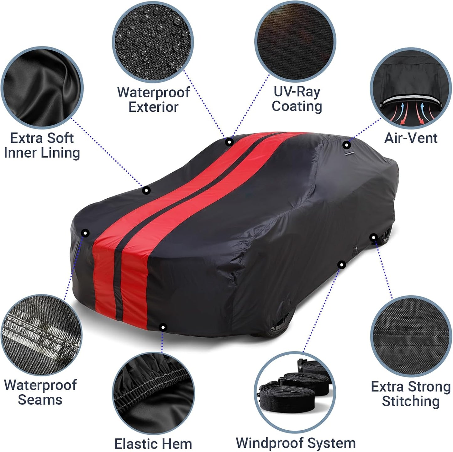 iCarCover Custom Car Cover for Chevy Impala 2-Door, 4-Door (1972-1976) Waterproof All Weather Rain Snow UV Sun Protector Full Exterior Indoor Outdoor Car Cover (Stripe - Black/Red)