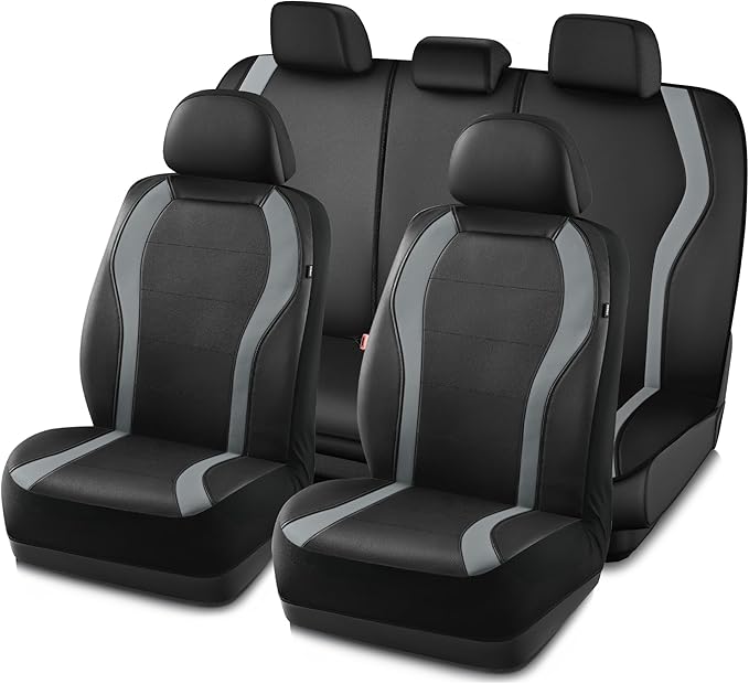 PIC AUTO Leather Car Seat Covers, Premium Automotive Waterproof Front & Rear Full Set Bucket Car Seat Protectors, Black and Gray PVC Patchwork, Fits for Cars, Trucks, Van, SUV, Airbag Compatible