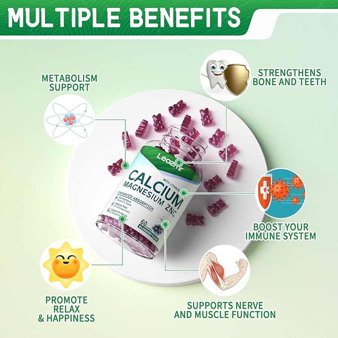 Calcium Magnesium Zinc Gummies with Vitamin D3 & K2 - High Potency Enhanced Absorption -120 Blueberry Gummies Flavored