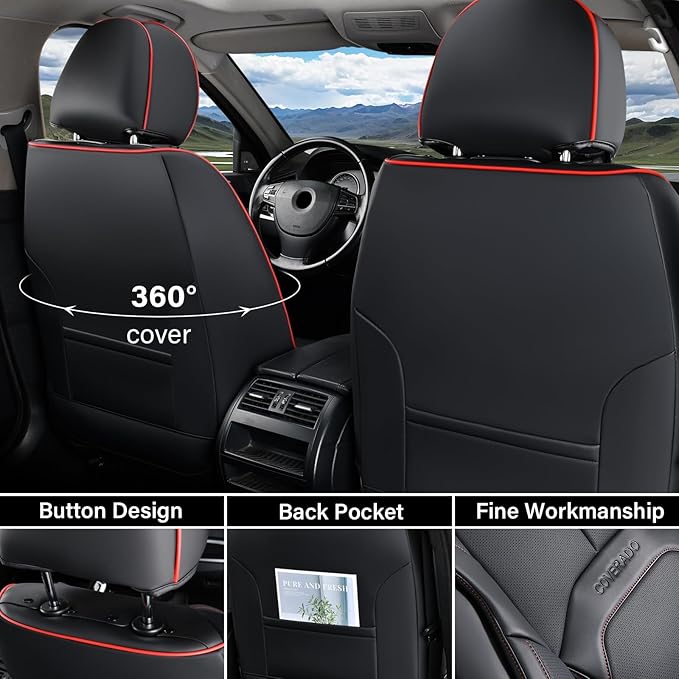 Coverado Car Seat Covers Full Set, Premium Nappa Leather Seat Covers for Car, Waterproof Car Seat Protector with Lumbar Support, Car Seat Cover Universal Fit for Most Cars SUV Truck(Black&Red)
