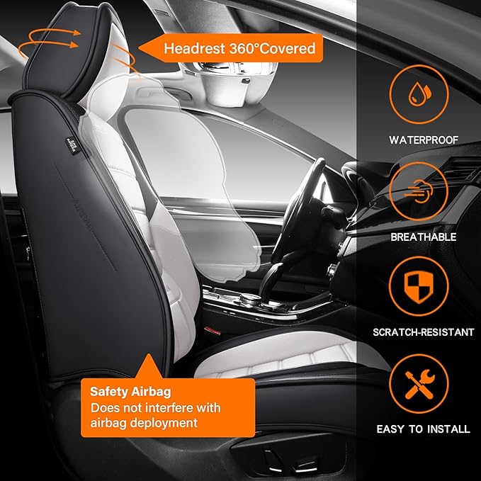 Car Seat Covers Full Set,Black White Car Seat Cover, Car Seat Protector Waterproof, Nappa Leather Car Seat Cushion, Fit for Most Cars