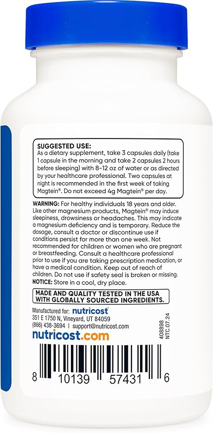 Nutricost Magtein Magnesium L-Threonate 2,000mg, 90 Capsules - Gluten Free, Vegetarian, 30 Servings
