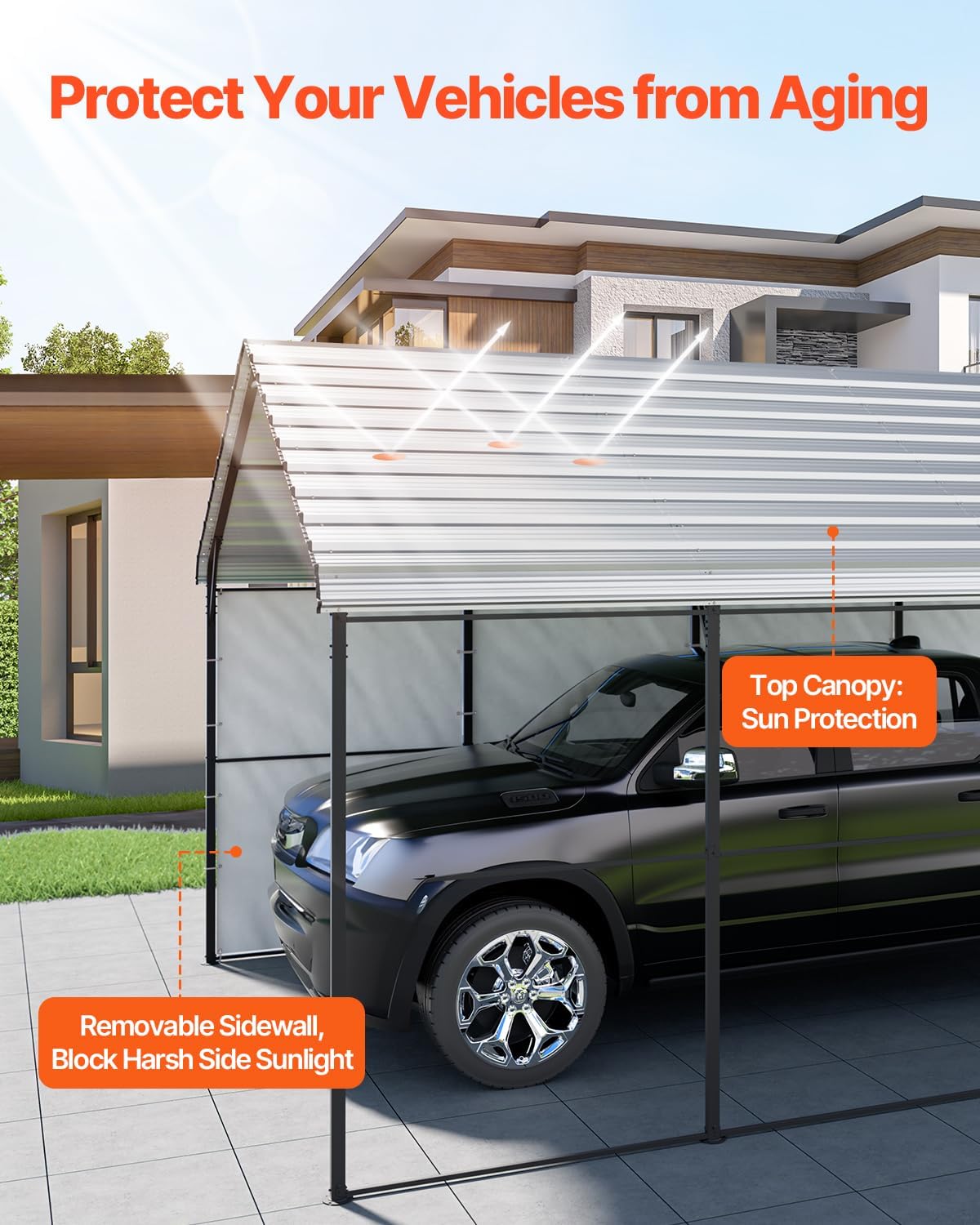 VEVOR Heavy Duty Metal Carport, 12' x 20' Outdoor Carport with Galvanized Steel Frame & Roof, Car Tent Garage Shade with Removable Sidewalls, Multi-Use Car Shelter for Pickup, Boat, Car & Tractors