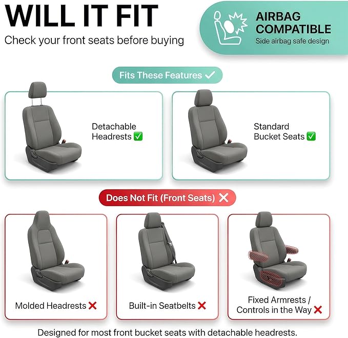 FH Group Gray Polyester Car Seat Cover, 3D Air Mesh, Front Set, Airbag Compatible, Universal Fit for Cars Trucks SUVs