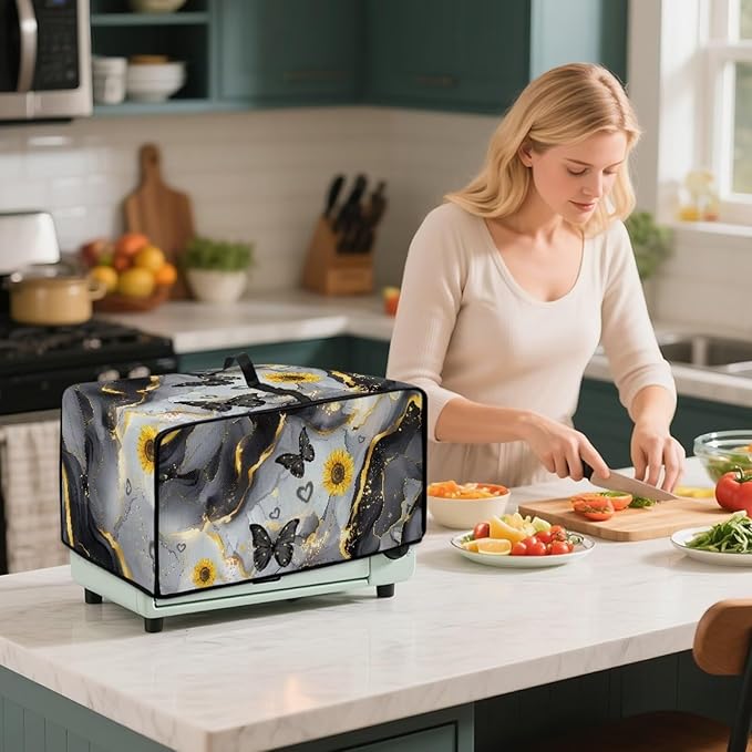 Convection Oven Cover Countertop Appliance Covers Stain-resistant Microwave Oven Protector for Kitchen Home Decor, M, Black Gray Gold Marble Butterfly Sunflower