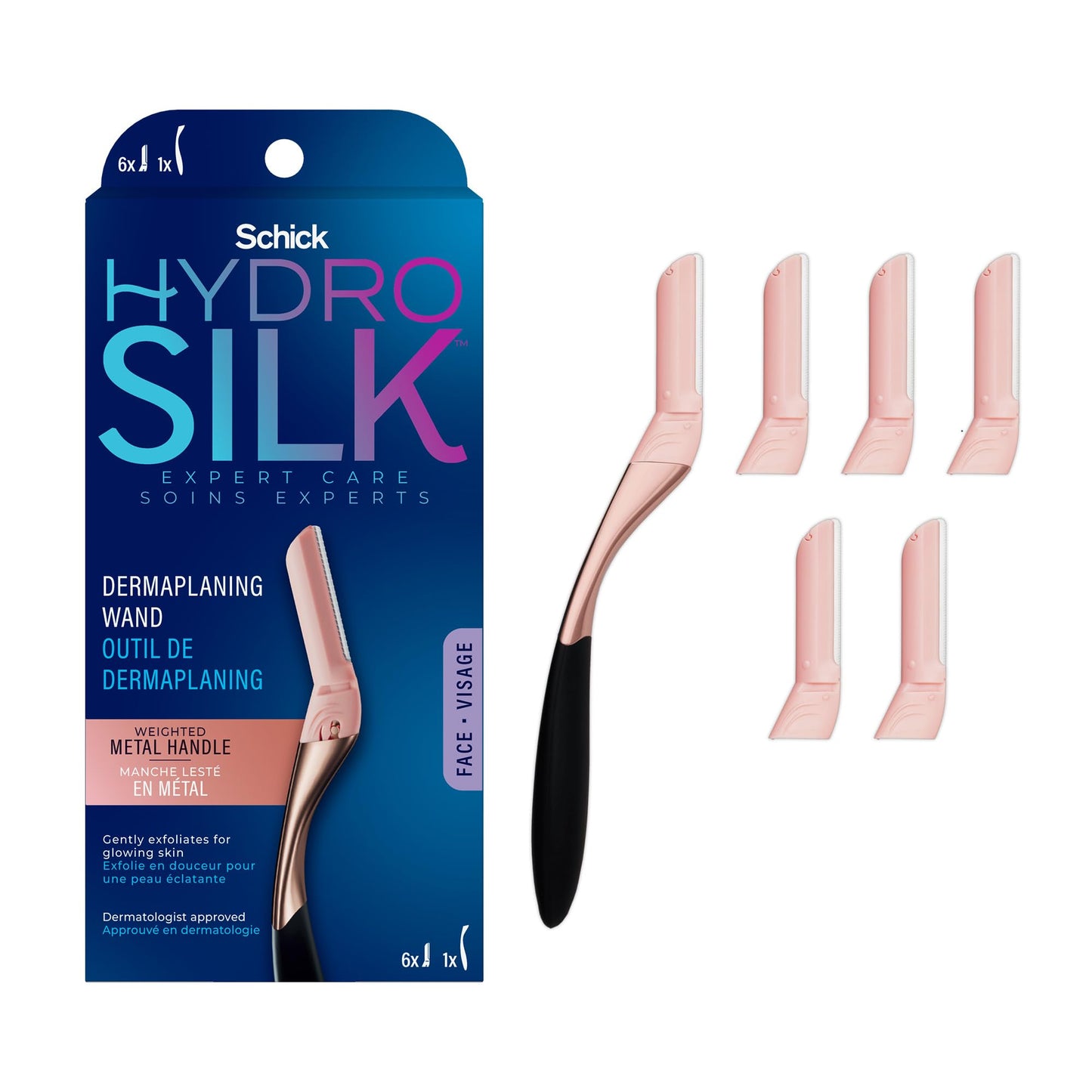 Schick Hydro Silk Dermaplaning Wand, Dermaplaning Tool for Face | Dermaplane Razor for Women Face, Eyebrow Razor, Peach Fuzz Remover, Includes 1 Weighted Metal Handle with 6 Refill Blades