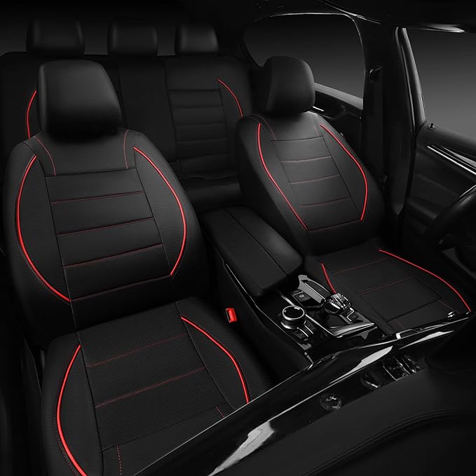 CAR PASS Universal FIT Piping Leather Two Front Seat Covers, Waterproof Faux Leather for SUV Sedan Van Truck, Airbag Compatible,Reserved Opening Holes for Headrest Covers. (Black red)