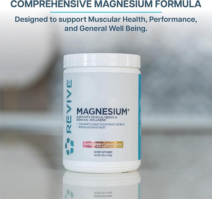 Revive MD Magnesium Powder Supplement - Magnesium Carbonate & Taurate Powder Drink Supports Healthy Bones, Muscles, & Nerves - Vegan-Friendly, Gluten-Free & Soy-Free - 30 Servings, Raspberry Lemonade
