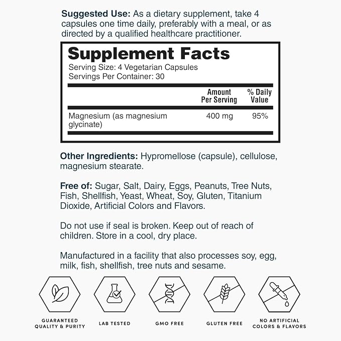 Nature’s Lab Gold Magnesium Glycinate 400mg - Supports Cardiovascular Health, Muscle & Nerve Function* – 120 Capsules (30 Day Supply)