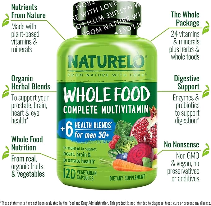 NATURELO Whole Food Multivitamin for Men 50+ - with Vitamins, Minerals, Organic Herbal Extracts - Vegan Vegetarian - for Energy, Brain, Heart and Eye Health - 120 Capsules