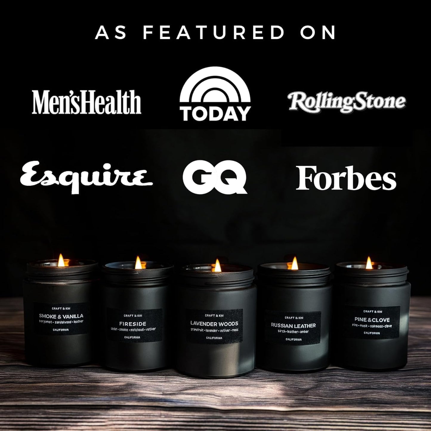 Craft & Kin Premium Smoke & Vanilla Candle | Black Scented Candles for Men | Long Lasting with 45 Hour Burn Time, 7.6oz | Made with Soy | Aromatherapy at Home | Gifts for Men