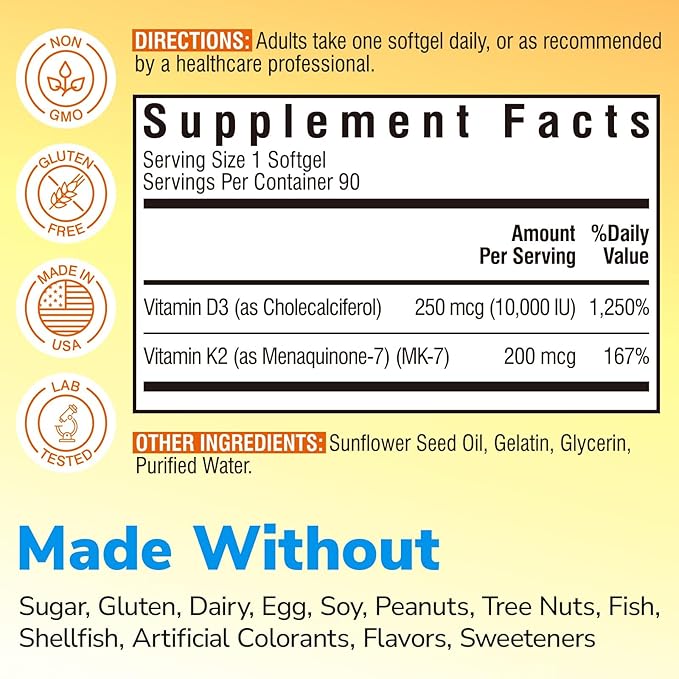 Vitamin D3 K2 Supplement, 10000 IU D3 / 200 mcg K2 MK7, Calcium Absorption, Bone, Heart, Immune & Muscle Support, Enhanced Absorption, No Soy, Easy to Swallow, 90 Softgels