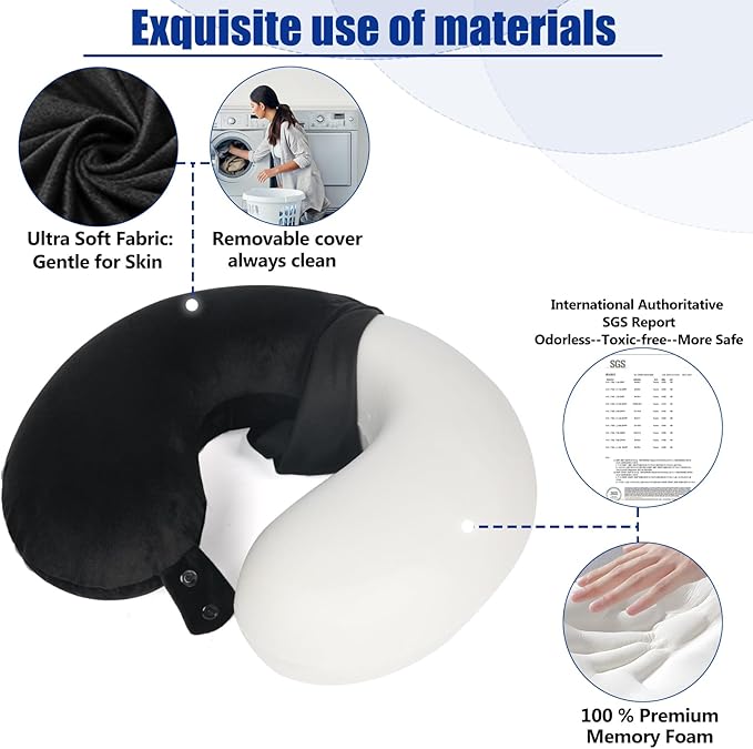 SAIREIDER Neck Pillows for Travel 100% Memory Foam Adjustable Travel Pillows with Storage Bag, Sleep Mask and Earplugs-Prevent The Heads from Falling Forward (Black)