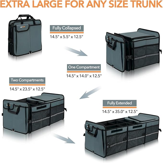 HEYTRIP Large Trunk Organizer With Built-in Leakproof Cooler Bag, 2 Tie-Down Straps, 4 Removable Dividers, Foldable Cover, Built with 2mm PE Board, Gray