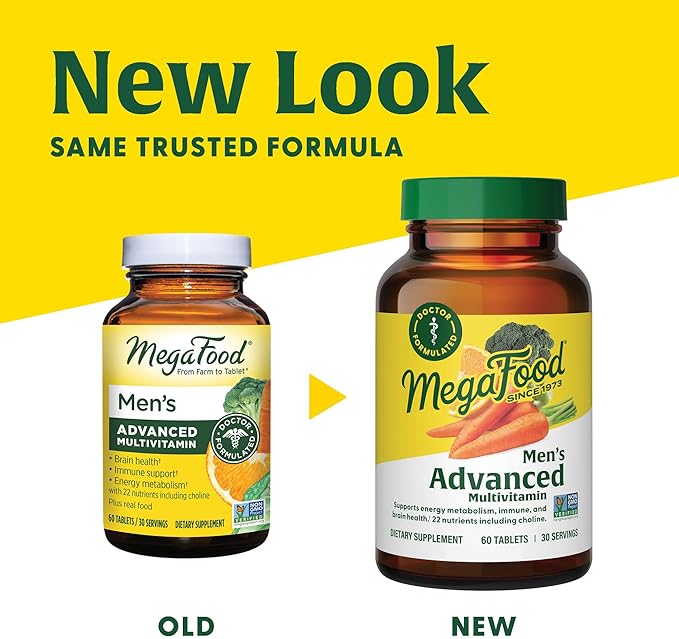 MegaFood Men's Advanced Multivitamin for Men - Doctor -Formulated - Choline, Vitamin B12, Vitamin D, Vitamin C & Zinc - Brain Health & Immune Support - Non-GMO - Vegetarian - 60 Tabs (30 Servings)