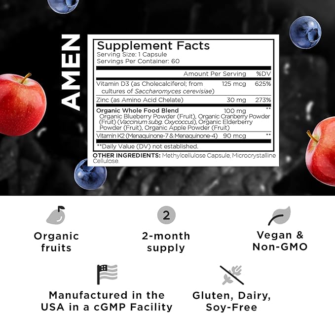 Amen Vitamin D, K2 & Zinc, Cholecalciferol D3 5000 IU, Organic Whole Food Blend with Apple, Blueberry, Cranberry, Elderberry Powder Fruits, Vegan Supplement, D3 K2 Vitamins, Non-GMO - 60 Capsules