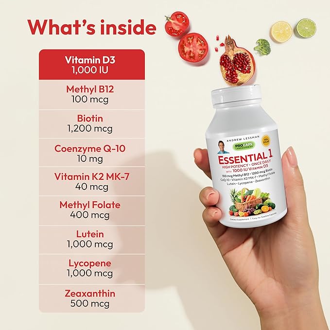 ANDREW LESSMAN Essential-1 Multivitamin 1000 IU Vitamin D3 180 Small Capsules - 100 mcg Methyl B12. CoQ10 Lutein Lycopene Zeaxanthin. High Potency. No Additives. Ultra-Mild. One Daily Capsule