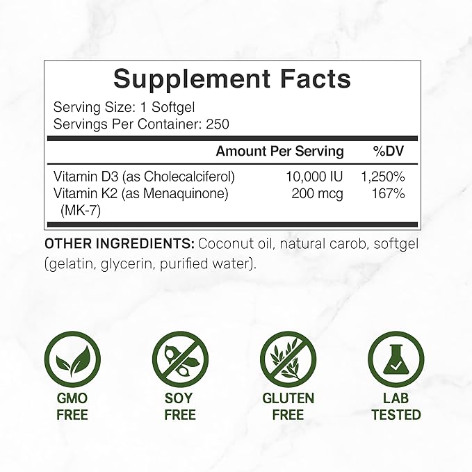 DEAL SUPPLEMENT Vitamin D3 10,000 IU + K2 MK7 200 mcg, Infused with Virgin Coconut Oil, 250 Softgels, Double Strength Vitamin D & K, Promotes Heart, Bone & Teeth Health - Very Easy to Swallow