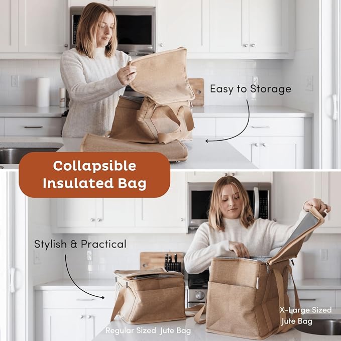 Nook Theory Reusable Insulated Grocery Bag - Leak Proof, X Large Cooler Bag - Insulated Shopping Bags for Groceries - Travel Cooler Bag for Frozen and Hot Food with Zippered Top (Jute)