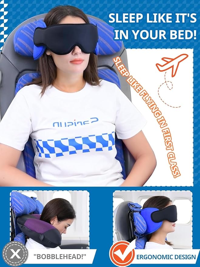 Travel Pillows for Airplanes, Airplane Pillow with 3D Eye Mask for Sleeping, 360° Support Head Strap for Long Flights, Car, Road Trip Car Headrest, Travel Essentials Stop Bobblehead, Purple
