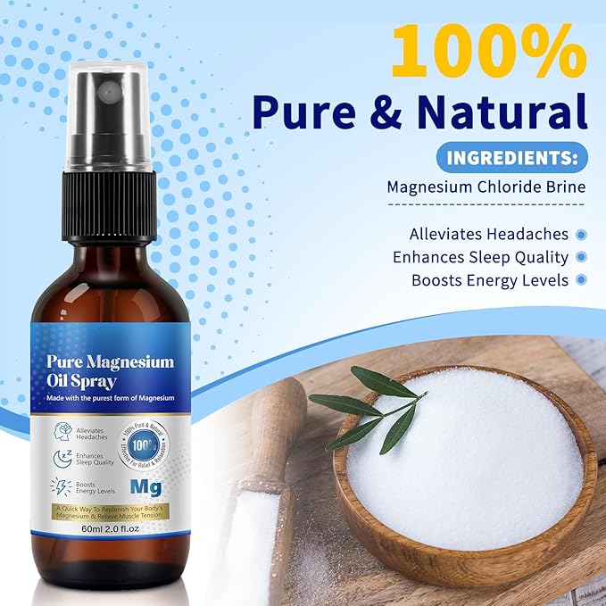 Pure Magnesium Oil Spray, Magnesium Oil Spray, 100% Pure & Natural Organic Concentrated Magnesium Chloride Oil-2.0 Fl.Oz