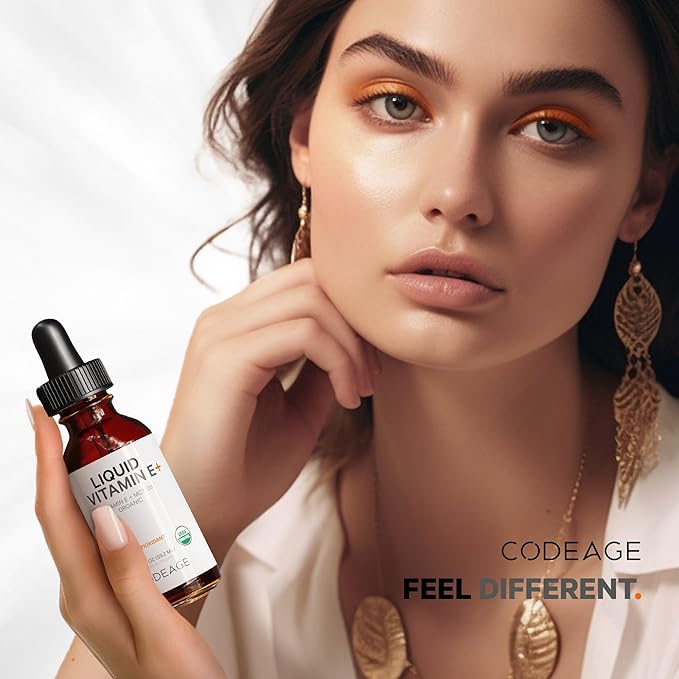 Codeage Liquid Vitamin E+ - USDA-Certified Organic Vitamin E - 2-Month Supply - D-Alpha Tocopherol Acetate, Organic MCT Oil, Organic Orange Fruit Oil, Unflavored, Non-GMO, Vegan, Gluten-Free, 2 fl oz