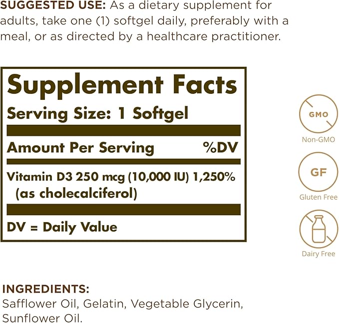 SOLGAR Vitamin D3 (Cholecalciferol) 250 MCG (10,000 IU), 120 Softgels - 3 Pack - Helps Maintain Healthy Bones & Teeth - Immune System Support - Non-GMO, Gluten Free, Dairy Free - 360 Total Servings