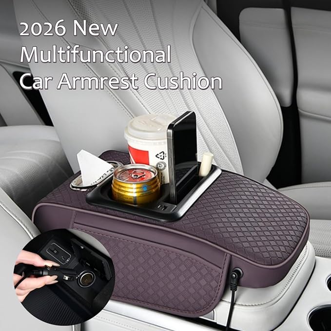 2026 Enhanced Car Center Console Armrest Cushion with USB& Type-C Charging, PU Leather Console Pad with Cup Holders, Storage& Tissue Outlet for Most Vehicles (Flat Version, Black)