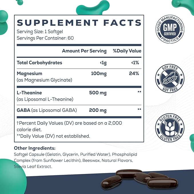 Liposomal L-Theanine 500mg, Complex with GABA 200mg & Magnesium 100mg, Extra Strength Supplement for Calm, Relaxation & Focus, Gluten Free - 120 Capsules