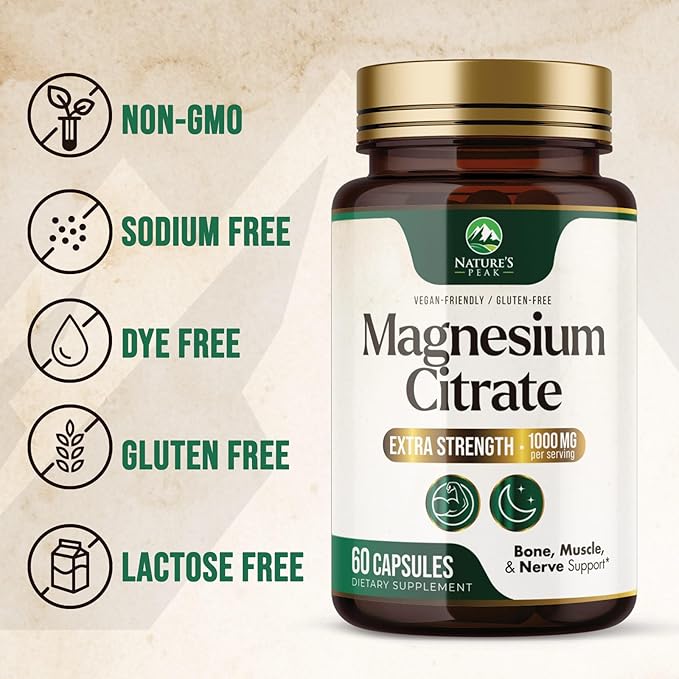 Magnesium Citrate Extra Strength 1000 mg - High Absorption Magnesium Supplement for Muscle, Bone, Nerve & Heart Health Support, Magnesio Vitamin Pills, Non-GMO, Nature's Premium Formula - 60 Capsules