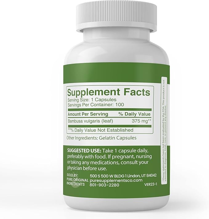 Pure Original Ingredients Bamboo Extract, (100 Capsules) Always Pure, No Additives Or Fillers, Lab Verified