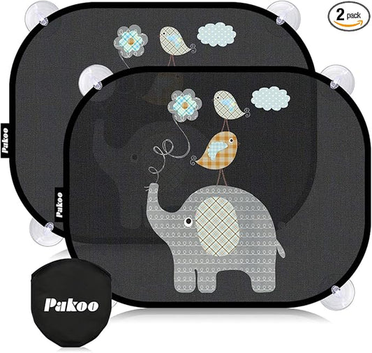 Car Sun Shade for Baby with UV Protection, 2 Pack UV Protection Breathable Car Window Sun Shade for Children with Cute Animal Motifs, 17.7 x 14 inches Sun Shades with 8 Cups
