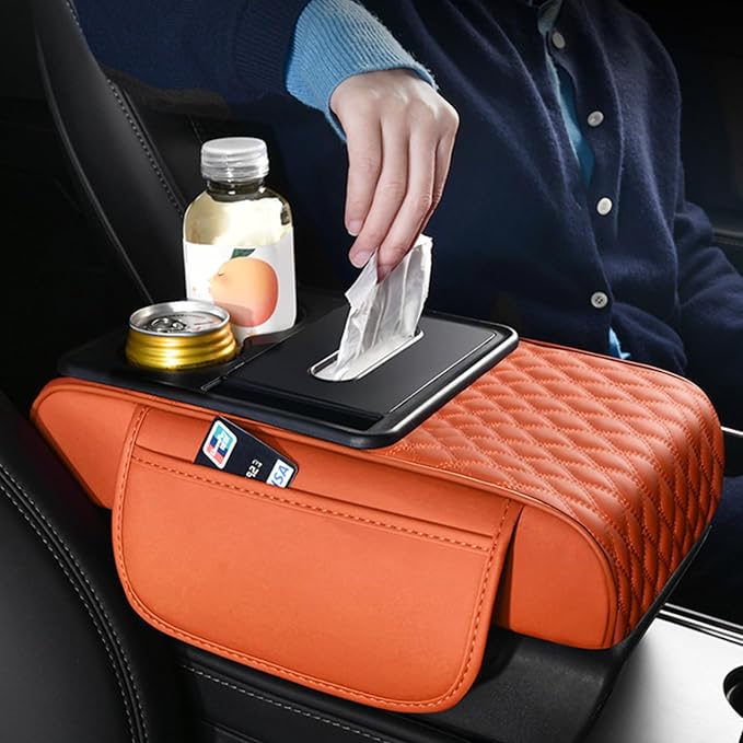 5-in-1 Car Armrest Pad Cushion, Water Ripple Embossed Center Console Booster Pad with Tissue Box, Cup Holder, Storage Bag, Phone Slot, Fit for Most Sedan Vehicles (Water Ripple Series, Pink)