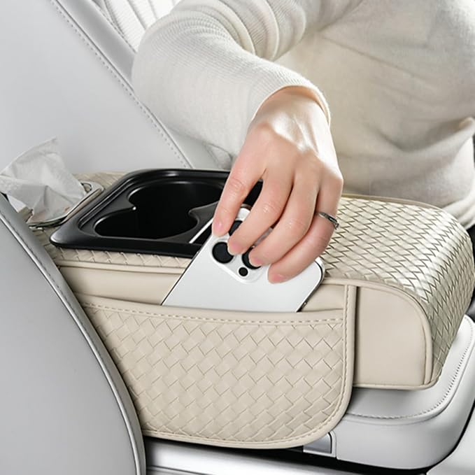 Car Armrest Cushion Cover Car Center Console Memory Foam Booster Pad with Storage Pocket and Tissue Hole for Sedan Vehicle (Cupholder - Red, 13.39 * 7.68 * 2.95'' / 34 * 19.5 * 7.5cm)