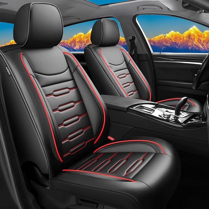 Fit Prius Car Seat Covers for Toyota Prius 2001-2024 2025 2026 - Upgraded Premium Waterproof & Breathable Leather, Airbag Compatible, All-Weather Seat Cushion Protector (Full Set, Black+Red)
